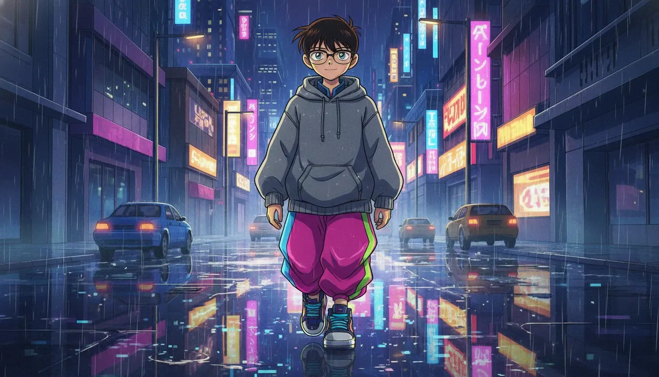 名探偵コナン：エドガワ・コナンが effortless ストリートウェアとアバンギャルドなシルエット、ネオンのレイヤーで出会う