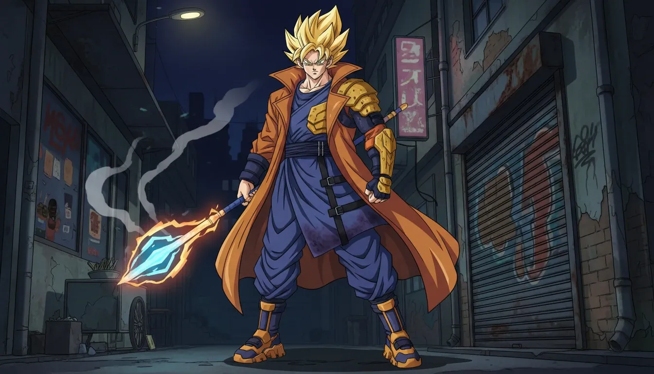 Fusión de Streetwear de Dragon Ball Goku con Estilo Vanguardista y Silueta Audaz en Capas