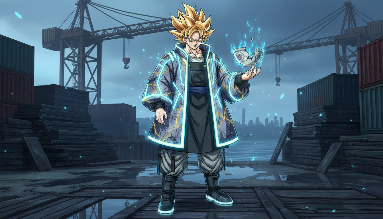 Fusión de Streetwear de Dragon Ball Goku con Capas Avant-Garde, Acentos Neón y Siluetas Audaces