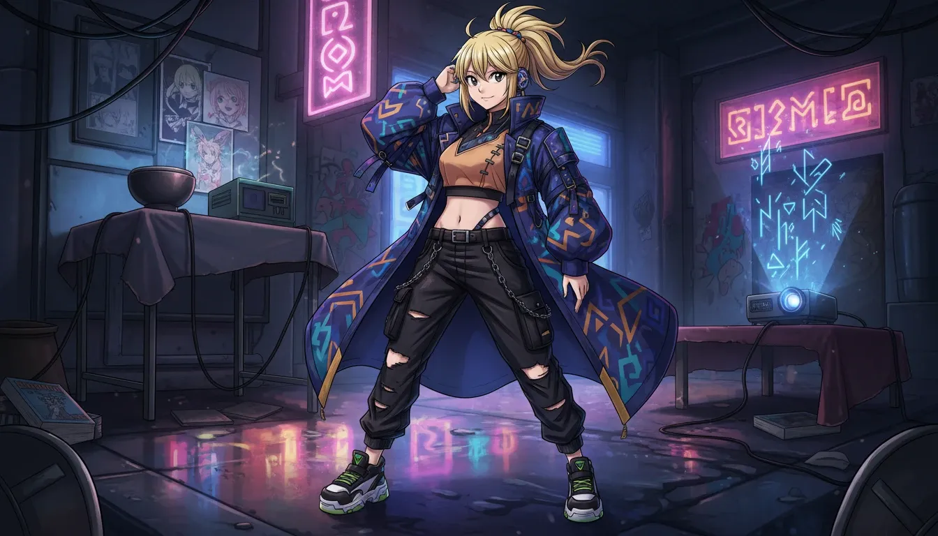 Fusion de la mode urbaine de Lucy Heartfilia de Fairy Tail avec des silhouettes avant-gardistes et des couches audacieuses
