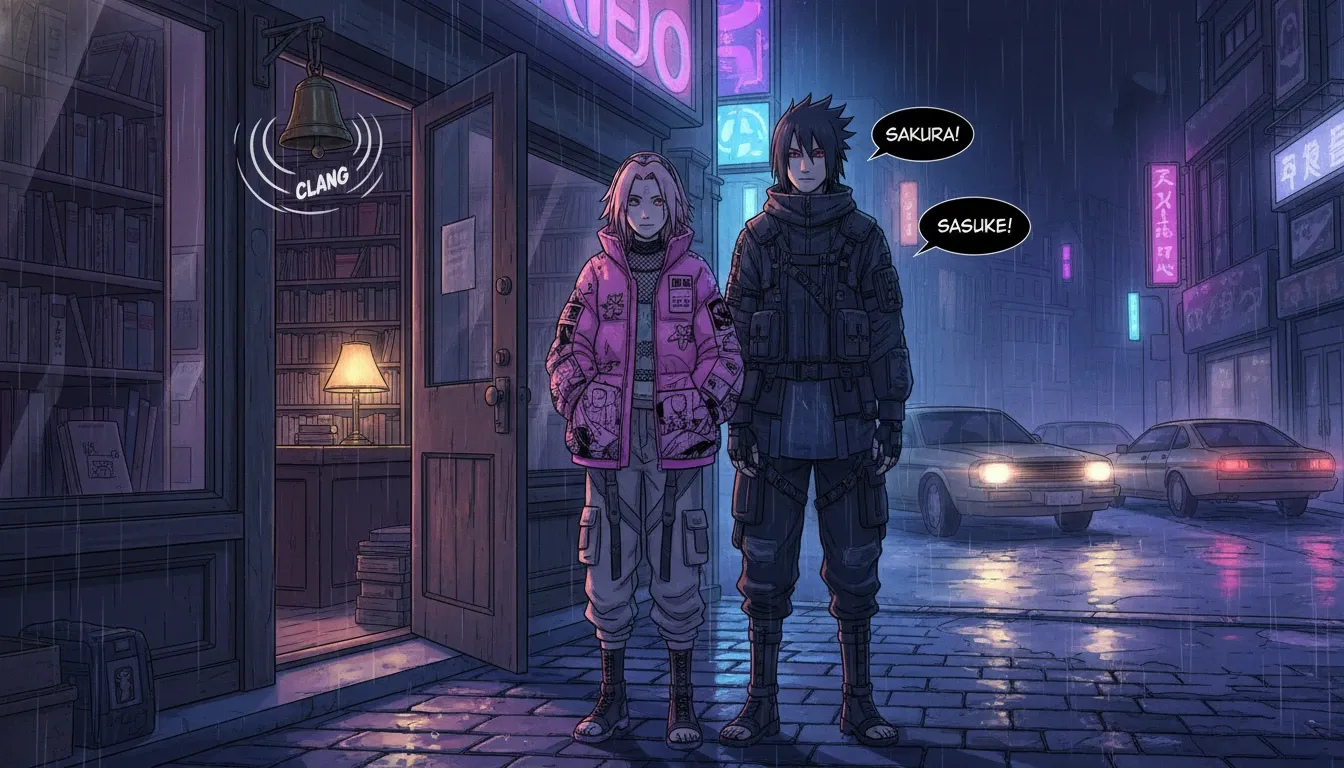 ناروتو أزياء الشارع: صراع ساكورا وساسكي في طبقات متقدمة تحت المطر النيون